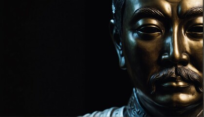 korean scholar statue close up portrait on plain black background from Generative AI