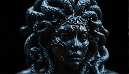 medusa statue close up portrait on plain black background from Generative AI