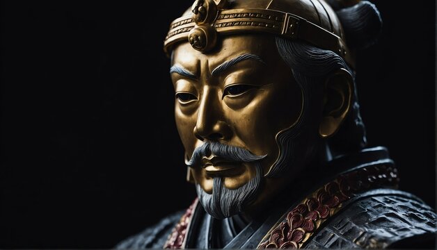 japanese emperor statue close up portrait on plain black background from Generative AI