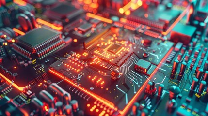 Nanotechnology  Nanobots performing microscopic repairs on electronic circuits Top view Micro repair tech Advanced tone Colored pastel