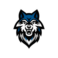 Fierce Blue Wolf Head Logo, Intense Eyes and Sharp Teeth Monochrome Sports Mascot Design
