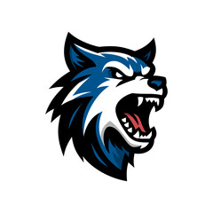 Fierce Blue Wolf Head Mascot, Aggressive Animal Esports Logo, Sharp Teeth and Intense Eyes Illustration