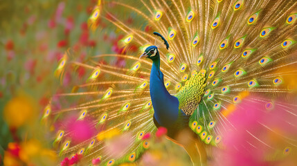 Obraz premium Peacock Displaying Full Plumage in a Vibrant Flower Garden
