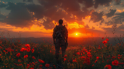 Fototapeta premium Patriotic Concept: Soldier & US Flag at Sunrise