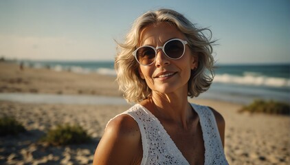 beautiful senior woman portrait on summer beach vacation with sunglasses and bright sunshine from Generative AI