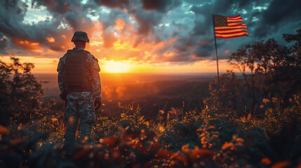 USA Soldier with Flag at Sunrise