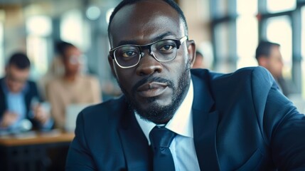 Confident African American male boss working in cooperation with diverse team. Stock Photo