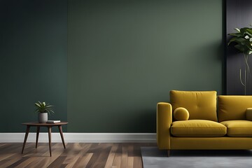 Modern wooden living room with yellow armchair against dark green wall - 3D rendering
