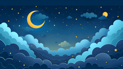 background with simple clouds and stars, a night sky with a crescent moon