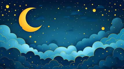 background with simple clouds and stars, a night sky with a crescent moon
