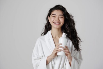 beautiful woman presenter holding a mockup bottle of skincare or shampoo product  ,Skincare product, shampoo,