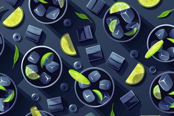 Isometric illustration of black mocktail drinks with ice cubes and limes, flat design, dark blue background, top view pattern
