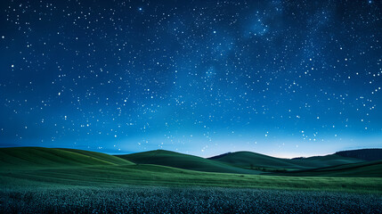 beautiful starry night sky over rolling green hills