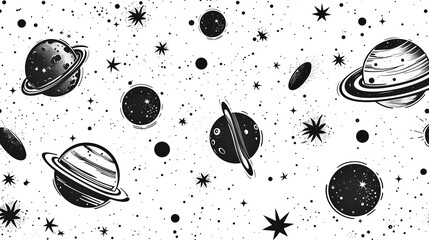 Space pattern, illustration of stars and planets in black on a white background