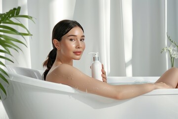 Obraz premium product photography of beautiful woman pretsenter bathing in bathtub and holding a white mockup bottle of shampoo