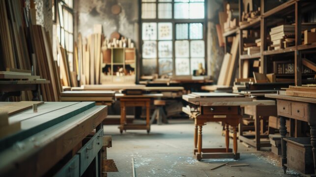 Old woodworking shop with various tools on shelves for artisan crafts and business use - Powered by Adobe