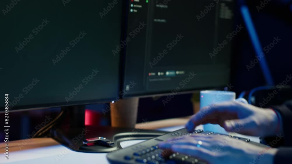 Poster cybercriminal illegally breaching security systems while hiding in secret hq, close up shot. scammer