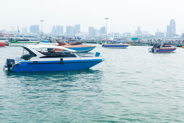 Fototapeta premium Many colorful speed boats at Bali Hai pier at Pattaya, Thailand.