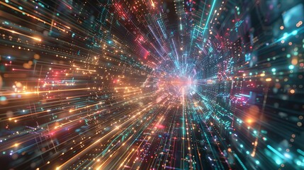 Quantum computing  Quantum bits orbiting a central processor in a spacelike environment Side view Quantum speed Futuristic tone Colored pastel