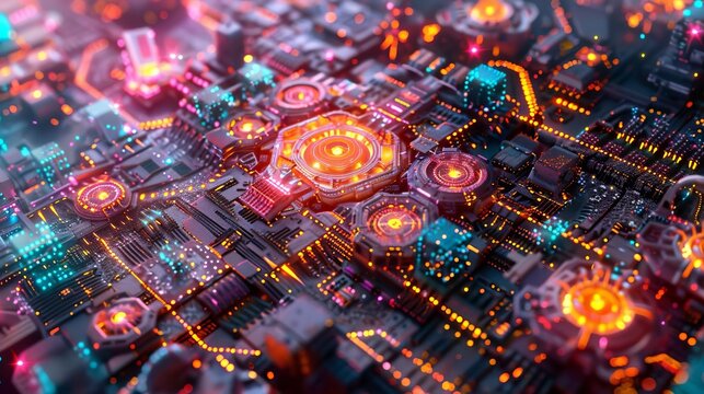 Quantum computing  Quantum bits orbiting a central processor in a spacelike environment Side view Quantum speed Futuristic tone Colored pastel