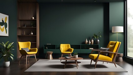 Modern wooden living room with yellow armchair against dark green wall - 3D rendering
