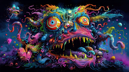 Colorful monster heads frazzled with hearts and eyes, in surrealism chaotic composition style, Colorful Monster Hand Drawn Art. surrealism