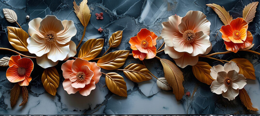 panel wall art, wall decoration, marble background with flowers designs