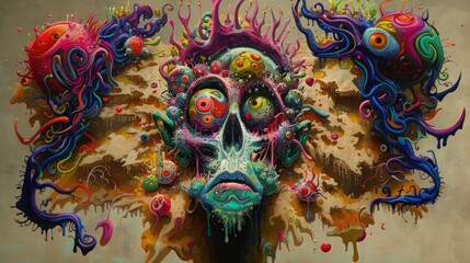 Fototapeta premium Colorful monster heads frazzled with hearts and eyes, in surrealism chaotic composition style, Colorful Monster Hand Drawn Art. surrealism