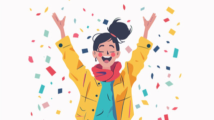 extremely happy surprised girl winner of lottery raffle contest full of joy jumping in air smiling accepting triumph wearing yellow jacket red scarf 2.5d
