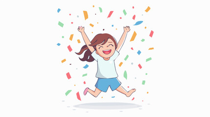 extremely happy surprised girl winner of lottery raffle contest full of joy jumping in air smiling accepting triumph wearing white shirt long brown hair shorts blue pink shoes 2.5d