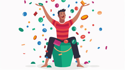 extremely happy surprised guy winner of lottery raffle contest full of joy jumping in air smiling accepting triumph wearing red stipe shirt 2.5d