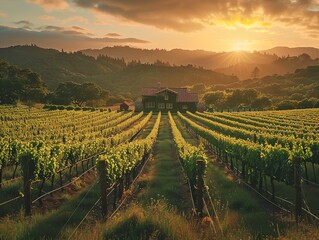 Fototapeta premium A picturesque vineyard at sunset, with rows of grapevines and a rustic farmhouse in the distance