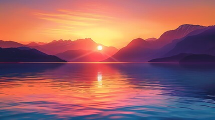 Fototapeta premium A sunset over a serene lake with mountains in the background, reflecting warm hues in the water