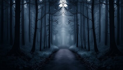 Fototapeta premium 어둠, Darkness, 숲, Forest, 길, Path, 나무, Trees, 그늘, Shadows, 빛, Light, 어둠속, In darkness, 이끼, Moss, 가려진, Hidden, 모험, Adventure, 미스테리, Mystery, 무서운, Spooky, 조용한, Silent, 차가운, Cold