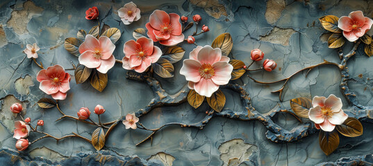 panel wall art, wall decoration, marble background with flowers designs