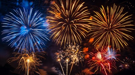 Obraz premium An animated firework display with vibrant colors and intricate patterns exploding in the night sky