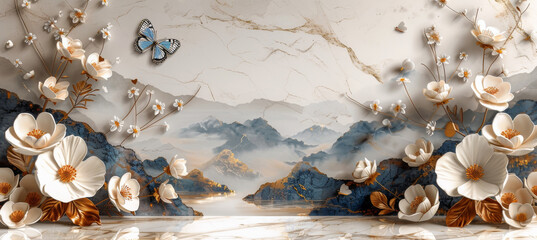 Fototapeta premium panel wall art, wall decoration, marble background with flowers designs