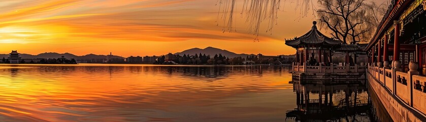 Fototapeta premium Sunset Photography Sessions Capture the magical moments of sunset at the Summer Palace with images of photographers capturing the golden hour light and reflections on Kunming Lake, or silhouettes of p