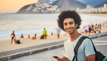 Smiling young man with afro hairstyle on a beach in Rio de Janeiro, Brazil, holding a smartphone	