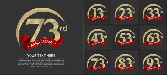 anniversary logotype set vector, gold color with red ribbon for special day celebration