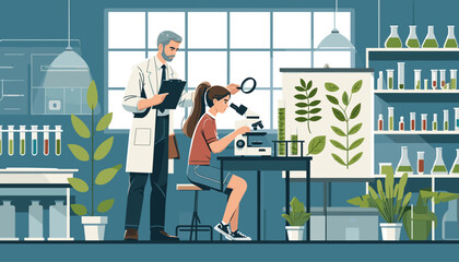 Concept of an image of a college student under the guidance of a professor in a university laboratory. Vector illustration.