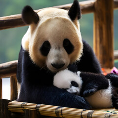 Giant panda cuddling with baby panda, highlighting a tender moment in a bamboo forest habitat	