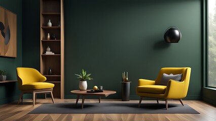 Modern wooden living room with yellow armchair against dark green wall - 3D rendering
