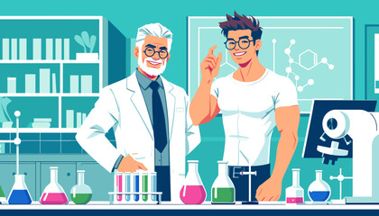 Concept of an image of a college student under the guidance of a professor in a university laboratory. Vector illustration.