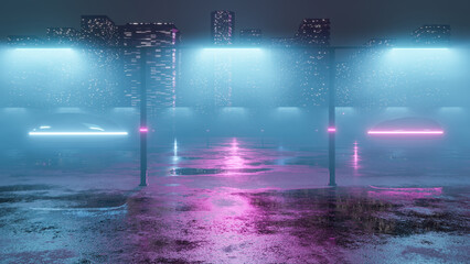 Urban Scene Of The Future With Flying Cars Over Old Asphalt Past Skyscrapers Without People. Techno Future Style. Three-Dimensional Illustration.
