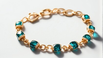 Obraz premium gold bracelet with teal gemstone crystals on plain white background from Generative AI