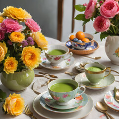 tea cups , coffee cups and flowers 
