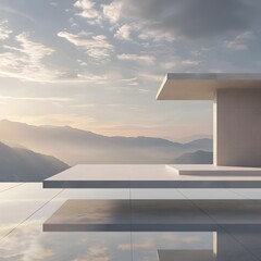 Fototapeta premium Minimalist Japanese Architecture: A Serene Platform Overlooking Vast Mountainous Skies