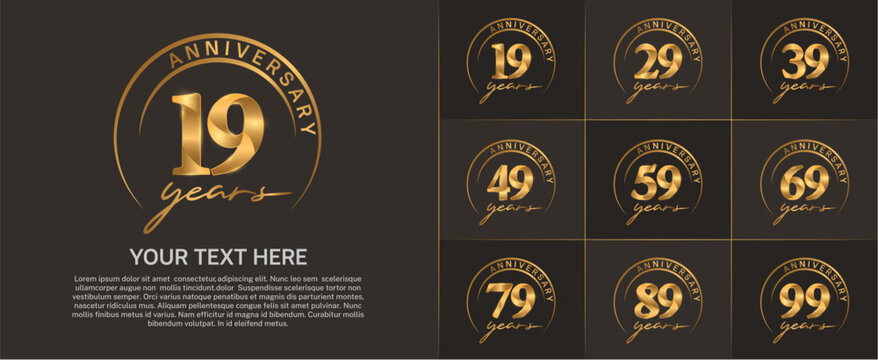 anniversary logotype set vector, golden color with circle for special day celebration