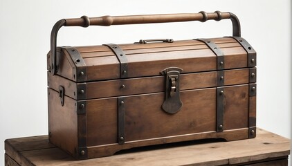 wooden antique toolbox on plain white background from Generative AI